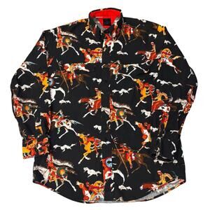 Vintage 90s Roper Western Horse Riders All Over Print Shirt Black Large Cotton